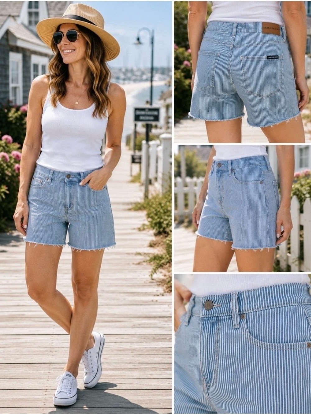 Calvin Klein Jeans Womens 12 Railroad Stripe Denim Shorts High Rise Blue White